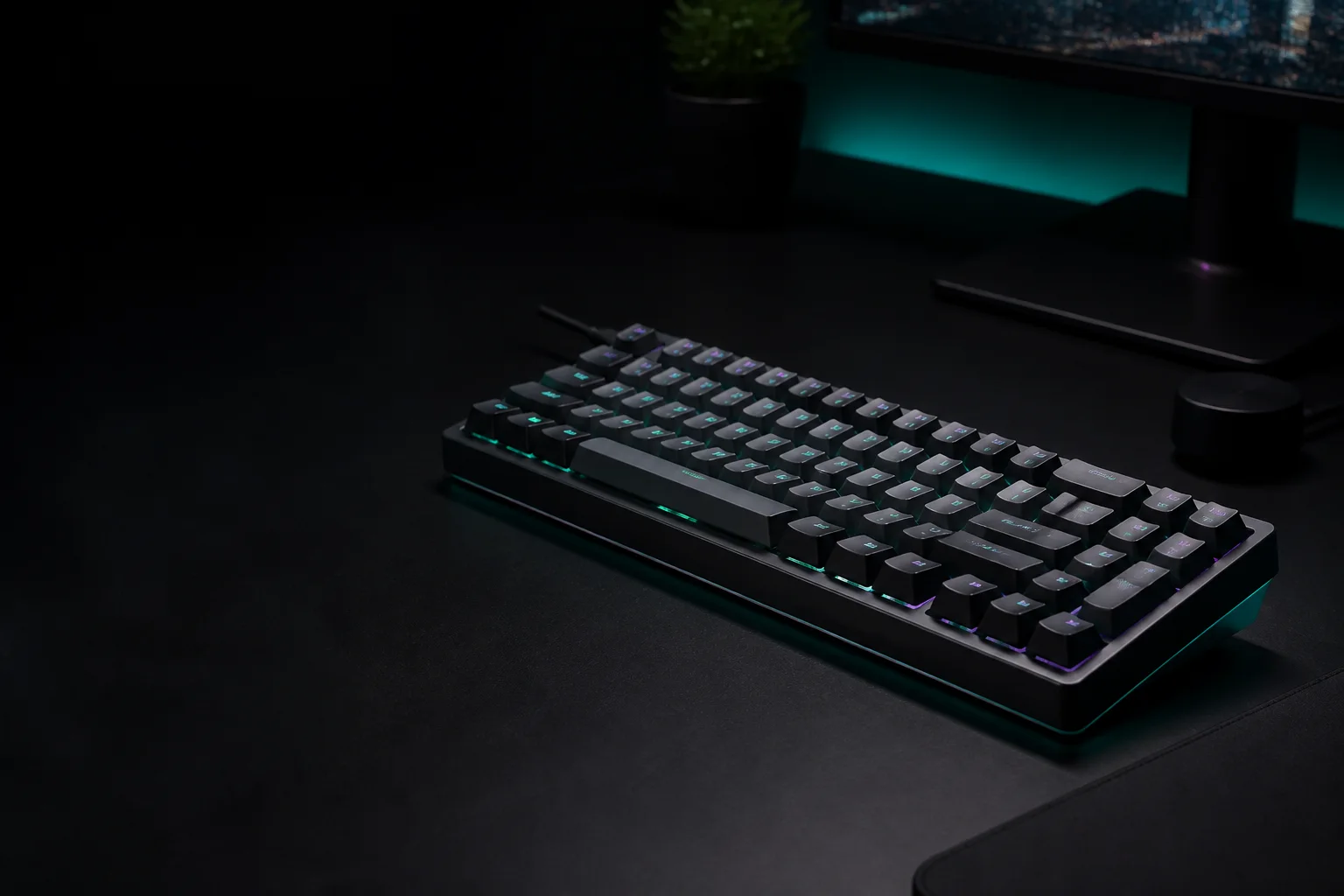 Compact RGB keyboard on a dark modern desk